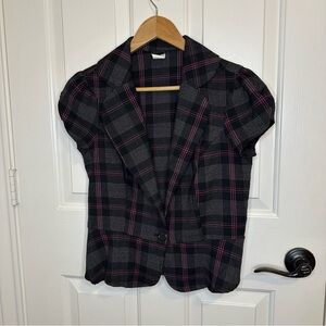 Y2K Toy Box Black Pink Plaid Short Sleeve Blazer Vest Sz M Dark Academia Grunge